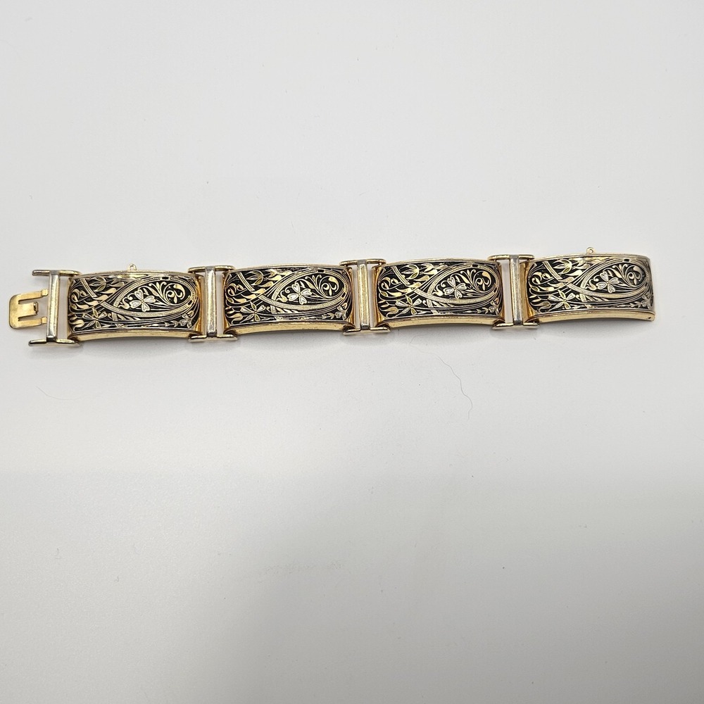 Vintage Damascene Panel Bracelet Wide Floral Gold Tone Black Enamel 7"